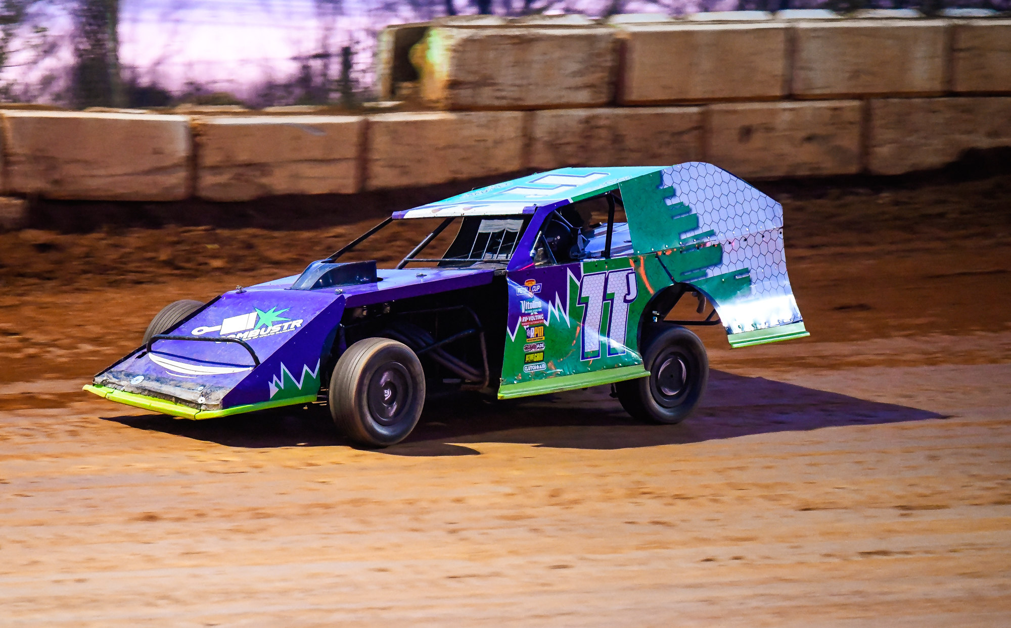 Ryan Johnston #11 EconoMod racing at night under the lights on Ohio dirt track 2026