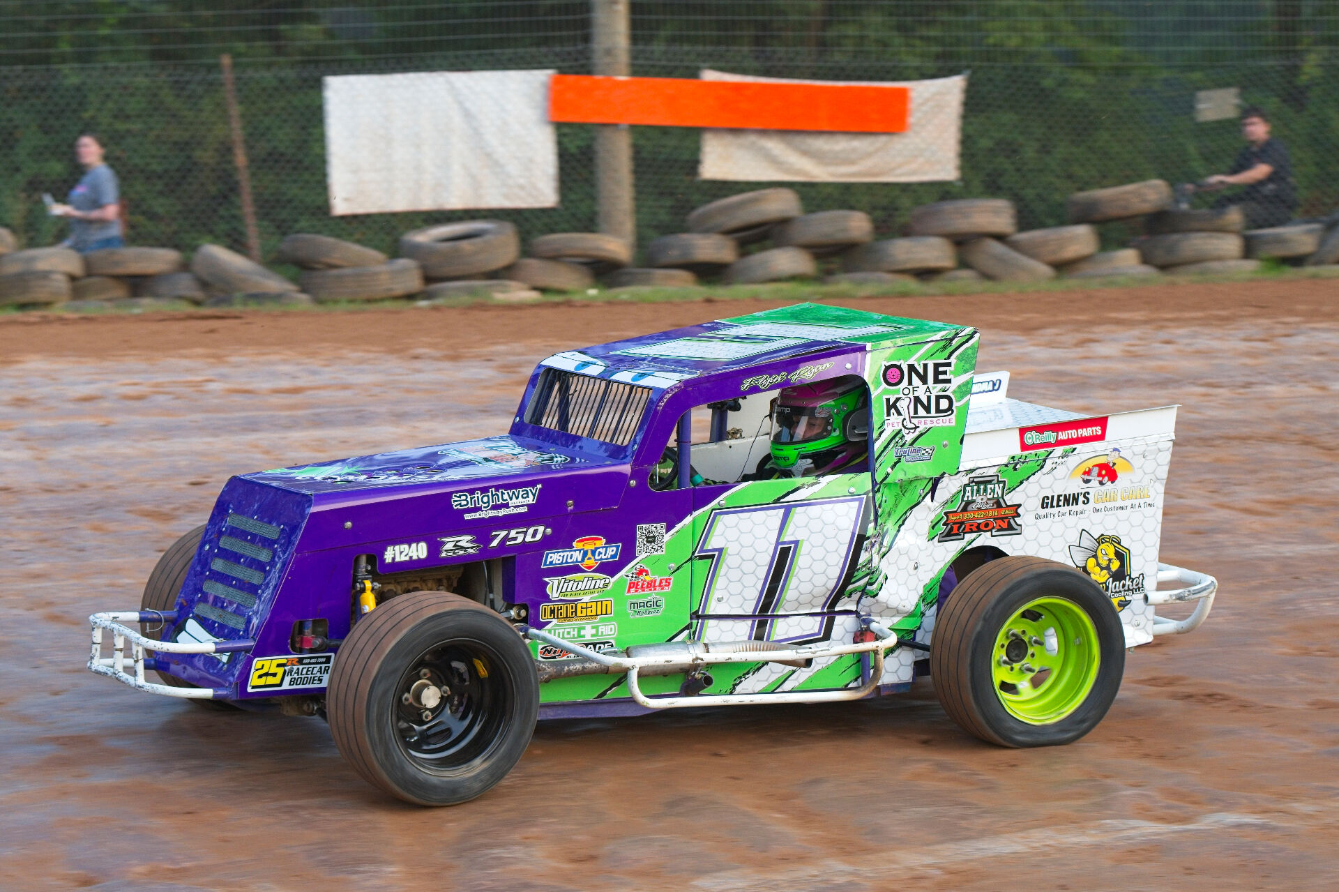 R&R Racing #11 EconoMod race car on Ohio dirt track with sponsor decals