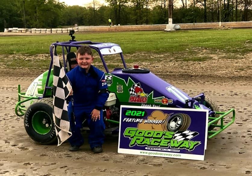 Ryan Johnston 2021 Feature Winner with checkered flag at Good's Raceway