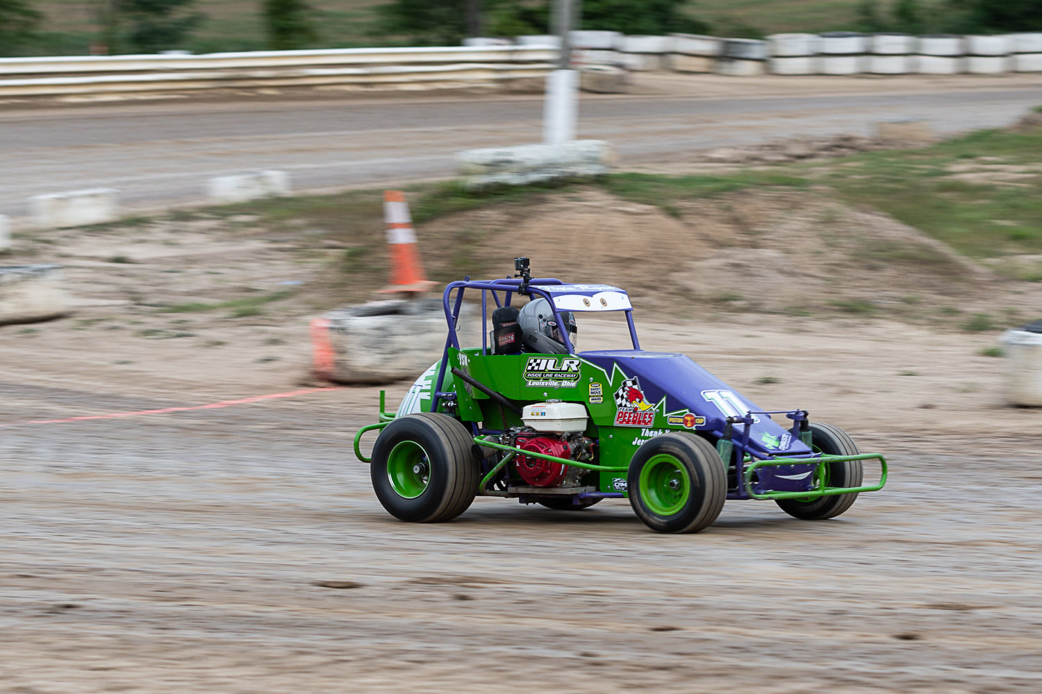 R&R Racing #11 purple and green EconoMod daytime racing on Ohio dirt track